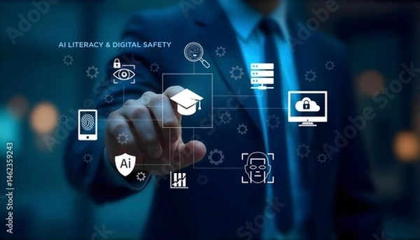 Obraz AI Literacy and Digital Safety - Icons and Finger in Virtual Display