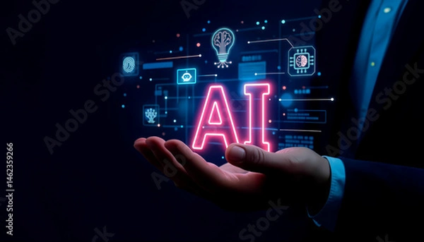 Fototapeta Neon AI Interface - Power in the Palm of the Hand