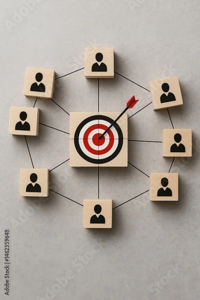 Fototapeta Teamwork Target Achievement Business Strategy Wooden Blocks Network People Success Goal Arrow Red White Target Marketing Plan Collaboration Effective Communication Group Project Management Efficient  