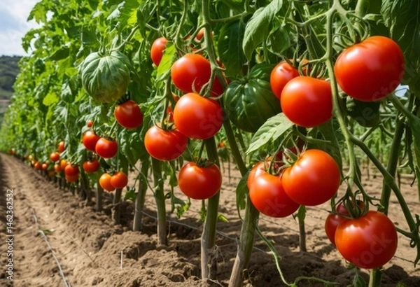 Fototapeta Tomatoes growing on vines in fields with earth
