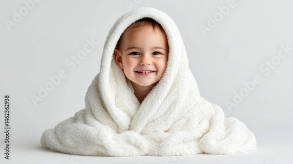 Fototapeta A happy toddler wrapped in a fluffy white towel, smiling brightly after a refreshing bath.