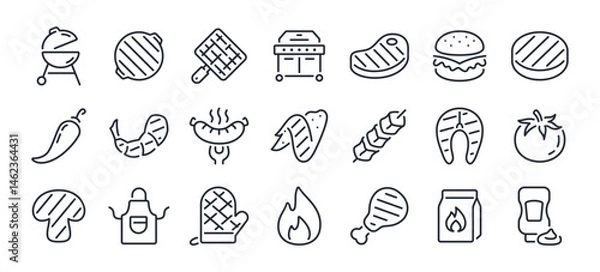 Fototapeta BBQ barbecue grill, meat, sausage, fish, chicken cooking editable stroke outline icons set isolated on white background flat vector illustration. Pixel perfect. 64 x 64.