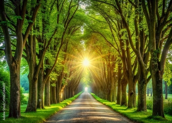 Obraz Serene Allee: Sunlit Path Through Lush Trees, High Depth of Field