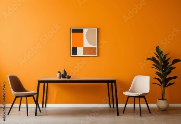 Fototapeta In a room with orange walls there are two chairs and a table
