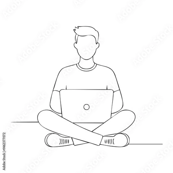 Fototapeta Smiling Bearded Man Working on Laptop