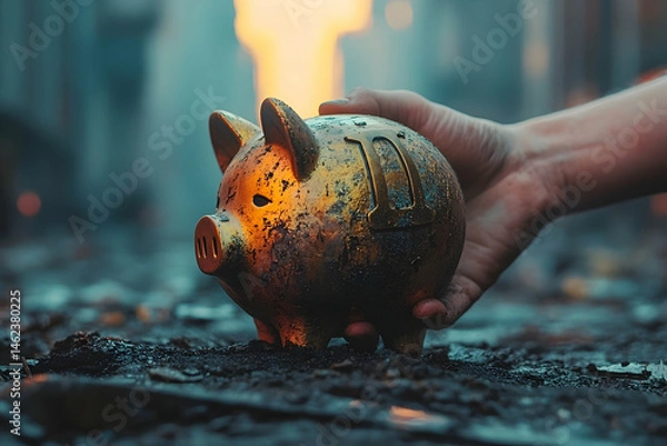 Fototapeta Golden piggy bank on soot-covered ground, touched by hand.