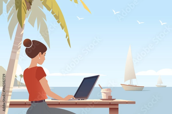 Fototapeta Digital Nomad Working on Laptop at Tropical Beach with Palm Tree