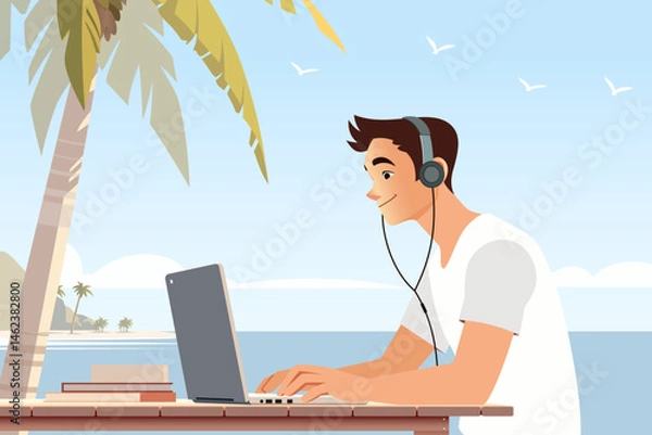 Fototapeta Digital Nomad Working on Laptop at Tropical Beach with Palm Tree