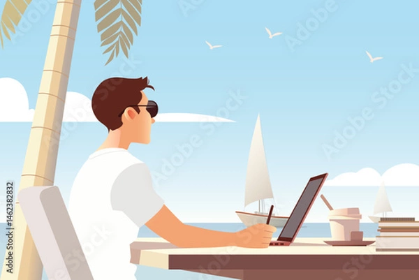 Fototapeta Digital Nomad Working on Laptop at Tropical Beach with Palm Tree
