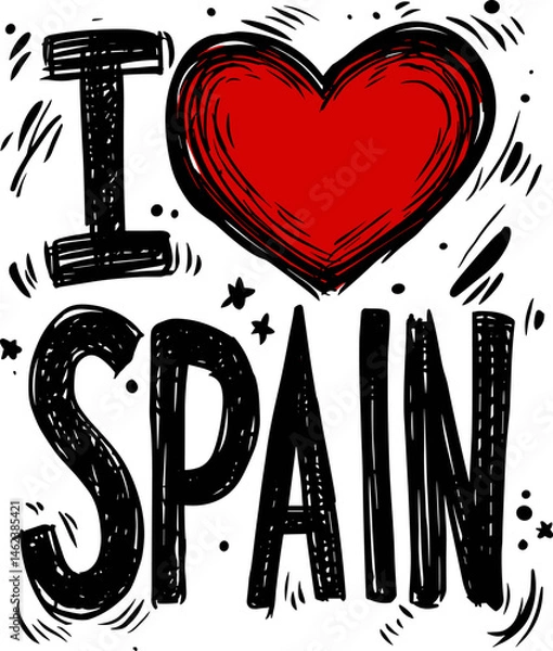 Fototapeta Vector illustration of “I love Spain” with large red heart and expressive hand-drawn text with sketch elements