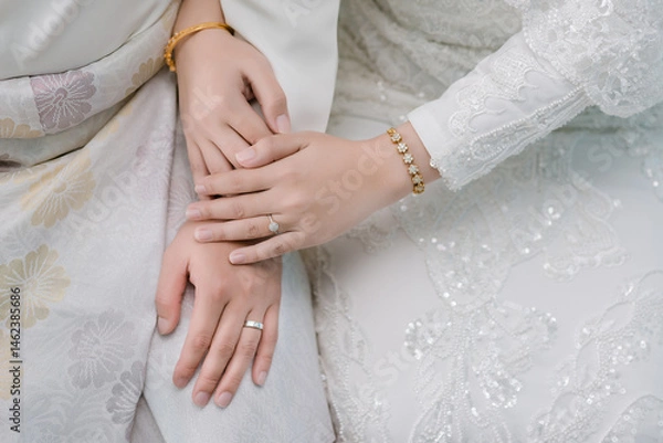 Obraz Close up hand muslim bride waering wedding ring on the left ring finger while holding the groom's hand with copy space. Concept for wedding card background, poster, invitation card.