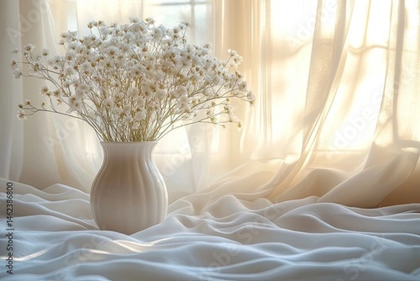 Fototapeta White baby's breath in a vase on wrinkled fabric by window light. Perfect for blogs, websites, and designs needing a soft, gentle touch.