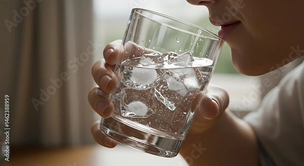 Fototapeta Refreshing drink: Woman sipping water with ice cubes from a clea