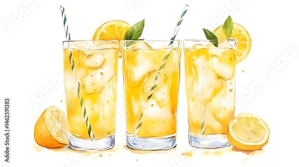 Obraz Watercolor illustration of non-alcoholic drinks on white background. Watercolor Illustration of lemon juice, lemonade.