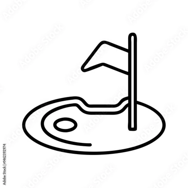 Obraz black outline icon of golf hole with flag and terrain contour on putting green, minimal vector design, course feature for tournament layout