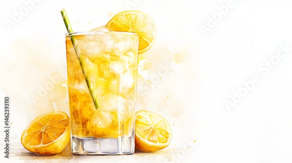 Obraz Watercolor illustration of non-alcoholic drinks on white background. Watercolor Illustration of lemon juice, lemonade.