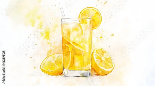 Obraz Watercolor illustration of non-alcoholic drinks on white background. Watercolor Illustration of lemon juice, lemonade.