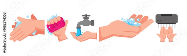 Fototapeta Step by step guide on how to wash your hands properly to prevent the spread of germs and bacteria in a public restroom