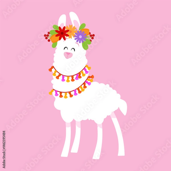 Fototapeta White llama with a flower crown on its head and ornaments on its neck