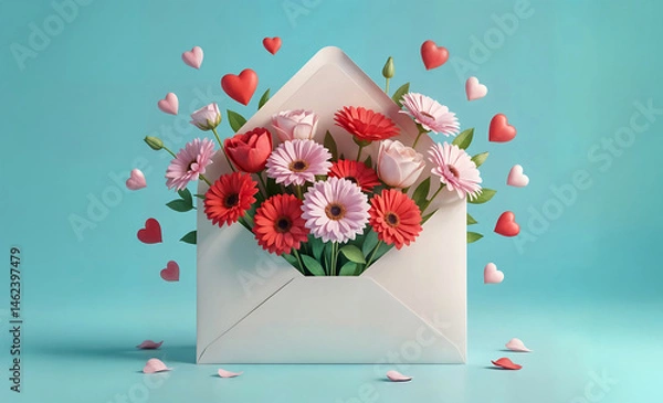 Fototapeta Lettre ouverte avec cœurs et fleurs à l'intérieur, espace vide pour du texte, fête des mères, valentin, grand-mères, mariage