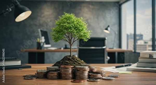 Fototapeta Tree growing from soil and coins on a wooden desk in a modern office