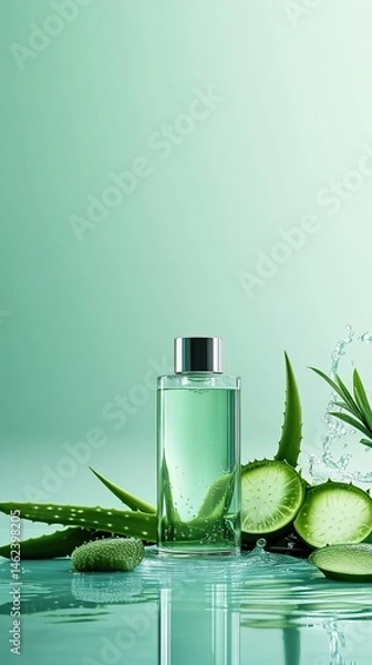 Fototapeta A refreshing aloe vera essence bottle surrounded by fresh leaves, evoking tranquility and natural beauty in a serene setting.