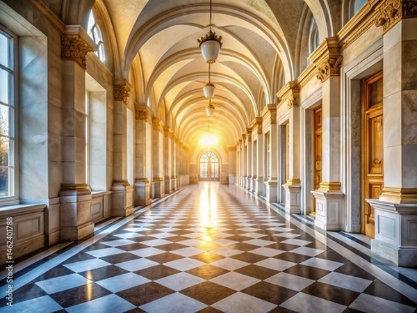 Fototapeta Sunlit Marble Hallway: Grand Architecture, Columns, Arches, Aerial View