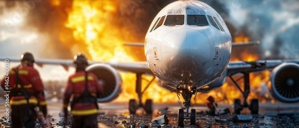 Fototapeta A team of emergency responders working to pull victims from the wreckage of a burning airplane accident.