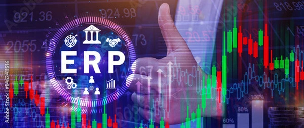 Obraz ERP Concept, Enterprise resource planning concept, analyzing ERP system on virtual screen, Connections between business intelligence, HR and CRM modules.