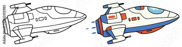 Obraz Spaceship Line Art Vector Outline Illustration Black and White with Coloring Sample