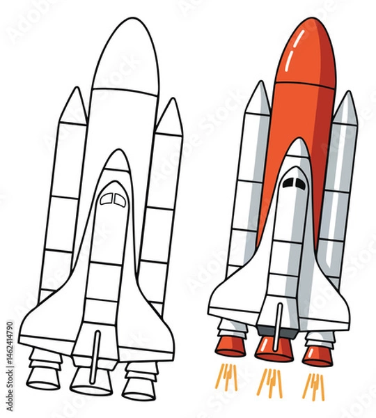 Obraz Space Heavy-Lift Rocket Line Art Vector Outline Illustration Black and White with Coloring Sample