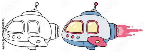 Obraz Space Warp Ship Line Art Vector Outline Illustration Black and White with Coloring Sample