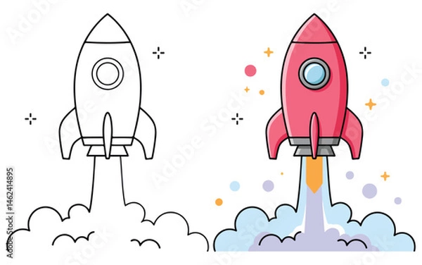 Obraz Space Rocket Line Art Vector Outline Illustration Black and White with Coloring Sample