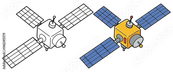 Obraz Satellite Line Art Vector Outline Illustration Black and White with Coloring Sample