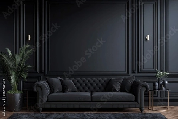 Fototapeta Elegant design of a dark room with sophisticated black tones.