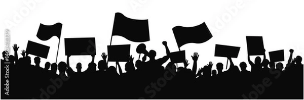 Obraz Protesters with banners and megaphones silhouettes, People holding fists up at a protest