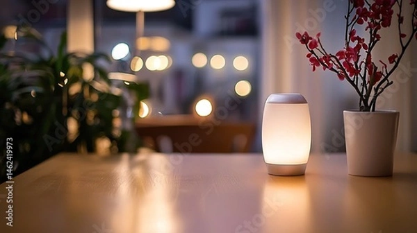 Fototapeta Warm, ambient lighting illuminates a modern table decor.