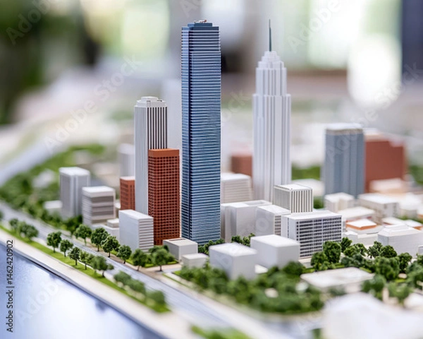 Obraz Detailed architectural model of city showcasing skyscrapers and urban planning elements, emphasizing modern design