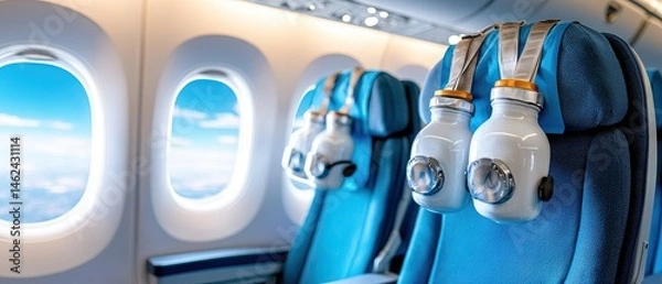 Fototapeta Interior of a commercial airplane cabin featuring rows of passenger seats, overhead compartments, and oxygen masks hanging down from the ceiling.