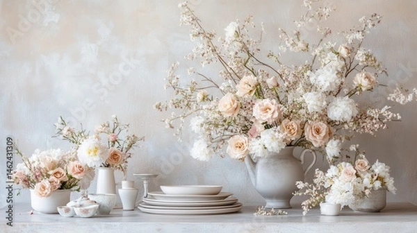 Fototapeta Elegant floral arrangement on a light beige surface.