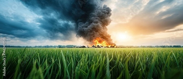 Fototapeta A jet aircraft has crashed in a grassy field, with emergency services and first responders working to evacuate and rescue the victims amidst the smoke and debris.