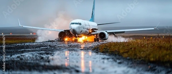 Fototapeta Dramatic scene of a large commercial aircraft that has crashed during approach, with the tail section broken off and debris scattered across the impact zone