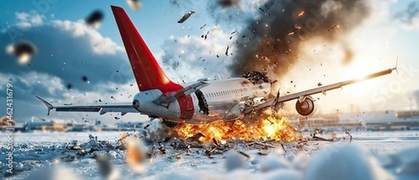Fototapeta The devastating aftermath of a catastrophic commercial aircraft crash during final approach, with the broken fuselage, scattered debris, and emergency response efforts visible on the scene.