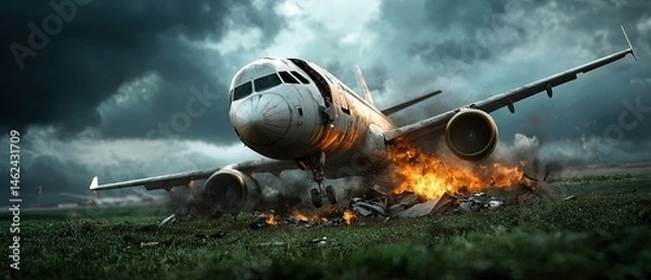 Fototapeta A large commercial aircraft has crashed on approach, with its tail section broken off and debris scattered across the scene.