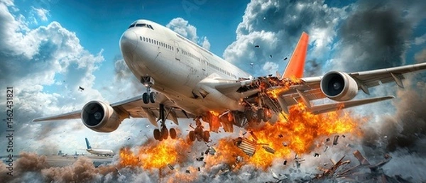 Fototapeta A catastrophic commercial airplane crash on final approach, leaving a trail of wreckage and debris on the runway.
