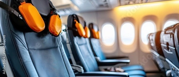 Fototapeta Sleek and functional interior of a modern airplane, featuring comfortable seating, overhead storage, and essential safety equipment for a safe and efficient passenger journey.