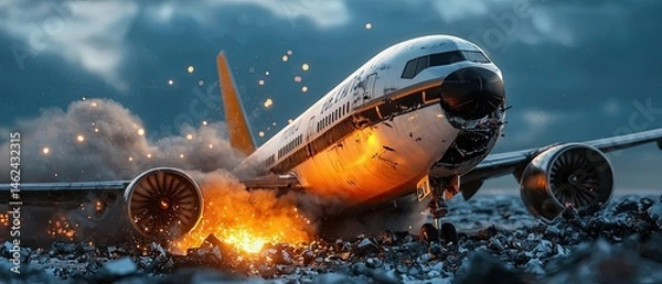 Fototapeta Dramatic nighttime scene of an airplane accident, with emergency vehicles, flashing lights, and rescue efforts underway at the crash site.