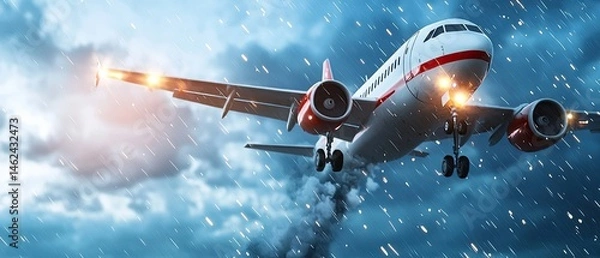 Fototapeta Nighttime airplane accident scene with emergency lights, rescue efforts, and a sense of chaos and tragedy.