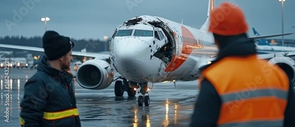 Fototapeta An image depicting a passenger aircraft with a damaged wing, indicating an emergency landing situation due to a mechanical failure or incident.