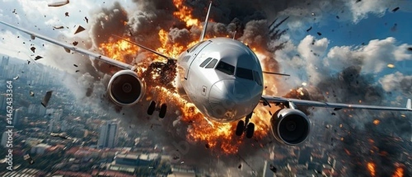 Fototapeta Dramatic scene of a passenger jet disintegrating in the sky, with debris and wreckage scattering in all directions amidst the chaos.